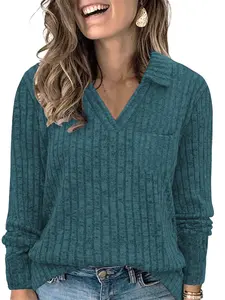 Womens-Plus-Size-Tops Collared V Neck Polo Shirts Lightweight Long Sleeve Sweaters Trendy Pocket Decor Tunic Blouses VPS0170