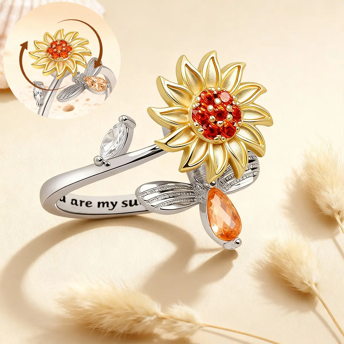 PolarEve Sunflower Spinning Anxiety Relief Fidget Ring – “You Are My Sunshine” Engraved Finger Spinner Gift for Daughter, Valentine's Day Gift