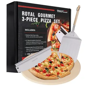 Royal Gourmet 3-Piece Pizza Set for Grill, BBQ and Oven with 14 In Round Pizza Cordierite Stone, Peel/Shovel and Cutter, Pasta Utensils Kitchen