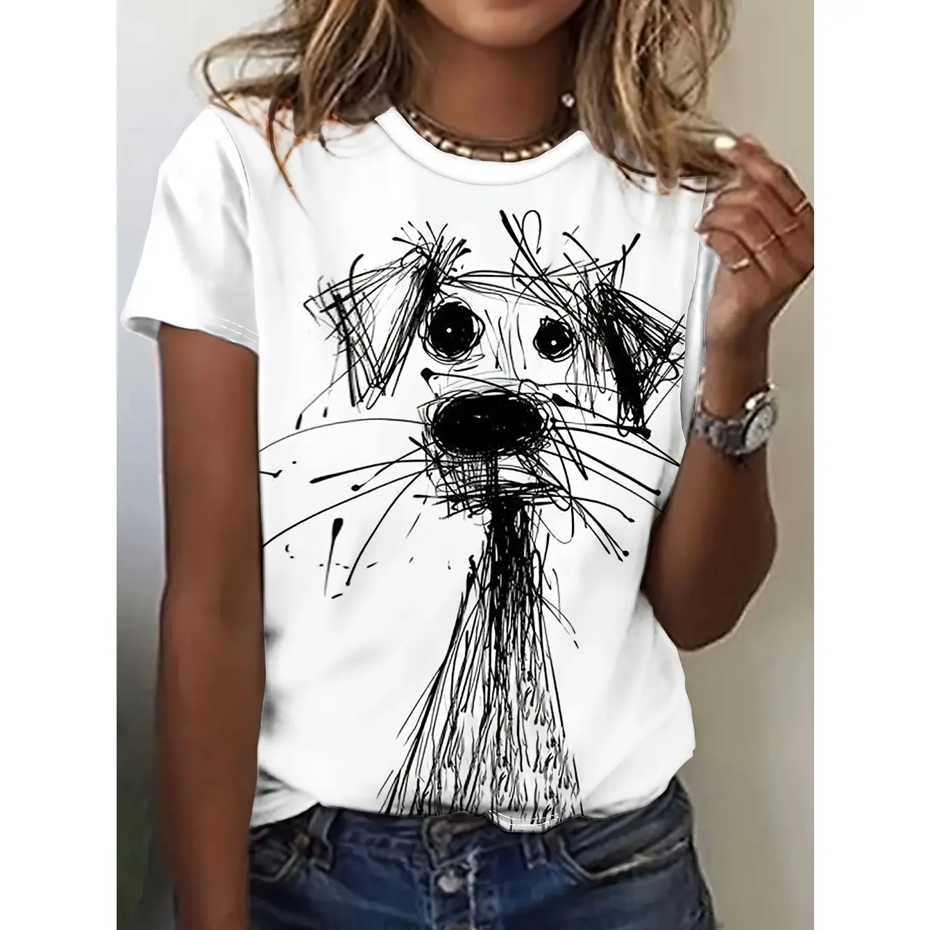 Women's 100% Cotton Dalmatian Sketch Print T-Shirt - Casual, Round Neck, Short-Sleeve, Loose-Fit Summer Graphic Top for Women's T-Shirts Collection, Shortsleeve, Fitted, Classic Casual Tee With Artful Edge, Casual Tee For Daily Plans