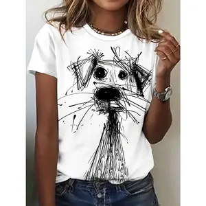 [Women's Dog Print Tee] Comfortable Women's Casual Short Sleeve T-Shirt | Black & White Sketch Dog Print, Round Neck, Machine Washable, Durable Fabric | Spring Summer Top, Animal Graphic Tee, Casual Attire
