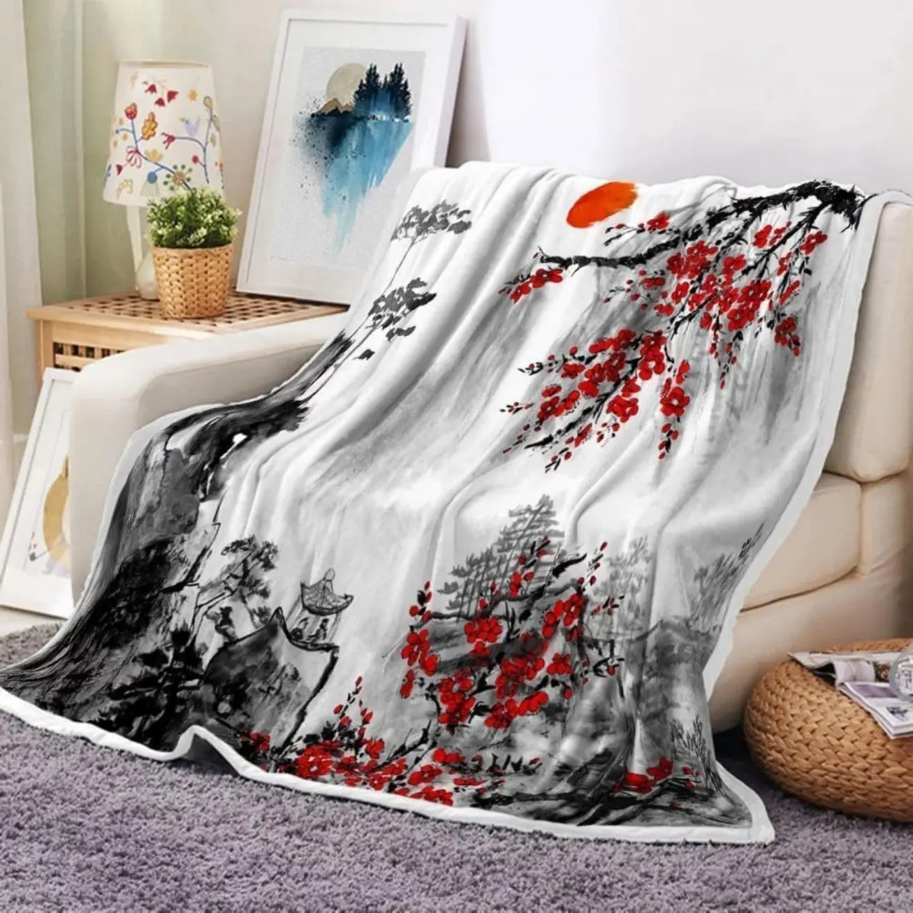 Soft Throw Blanket Cute Cherry Blossom Blanket Asian Wave Kanagawa Throw Flannel Blankets For Couch & Bed Asian Anime Mount Red Sun Plush Cozy Fuzzy Blanket