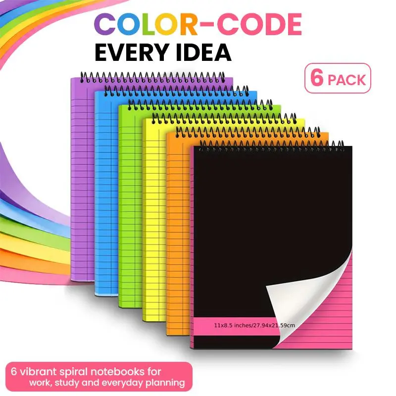 Plastic Spiral Hardcover Notebooks (Set of 6) - Durable, Waterproof & Wear-Resistant Colorful Cover, Double-Sided Grid Pages, 192 Sheets Each, Portable, 2 Sizes (8.5×), Office Stationery for Legal Offices, Coming-of-Age Gifts, Notebook
