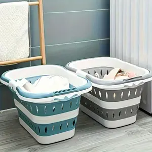 Space saving Foldable Laundry Basket with Handle - Stackable and Foldable Storage Basket, Suitable for Bathroom, Camping, Travel, and Picnic - Durable White and Light Blue Plastic Organizer, Large Capacity Household Dirty Clothes Basket, Ideal Kitchen