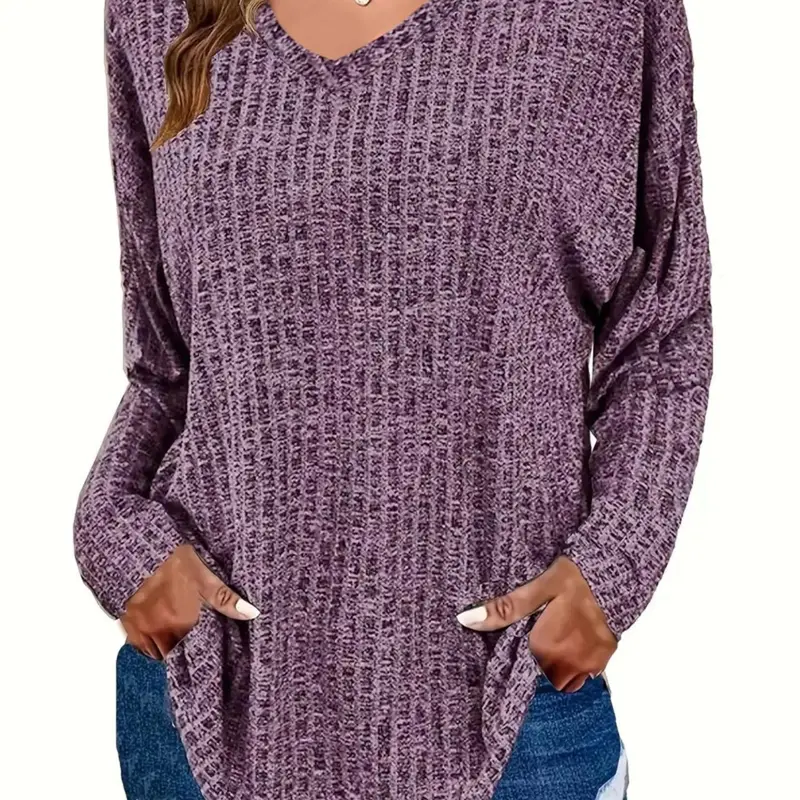 【Plus Size】 Basic Plain Textured Drop Shoulder V Neck Knit Top, Casual Long Sleeve Ribbed Top for Fall & Winter, Women's Plus Clothing for Daily Wear