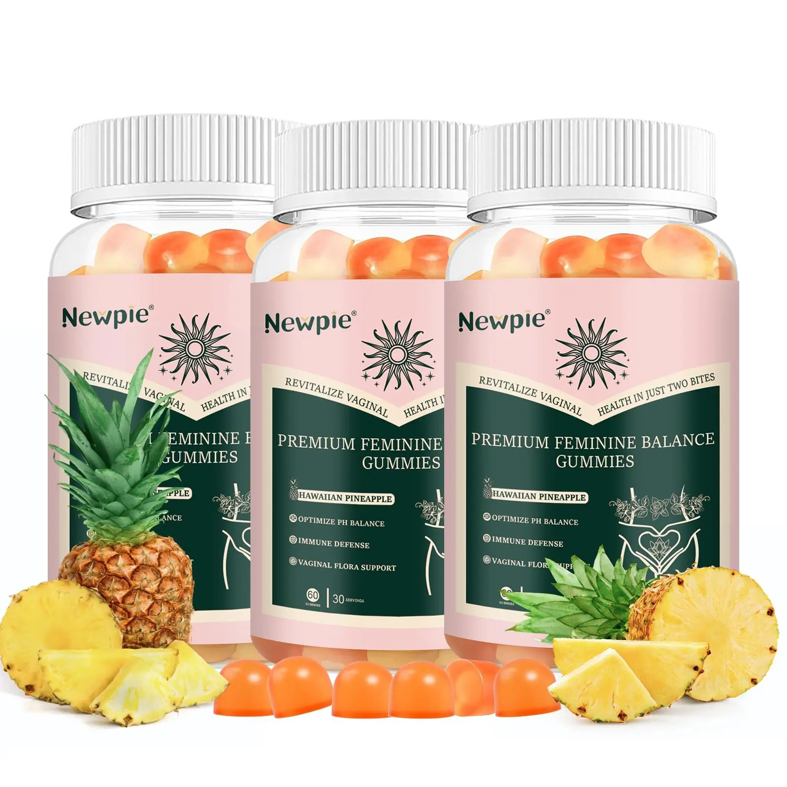 Newpie Women's Probiotic Edible Jelly Dietary Supplement Sticky Gummies - Hawaiian Pineapple Fruit Flavor with Pineapple Powder, Bitter Melon, Blended Vitamins & Minerals, Healthcare Support for Flora, Newly Improved Packaging