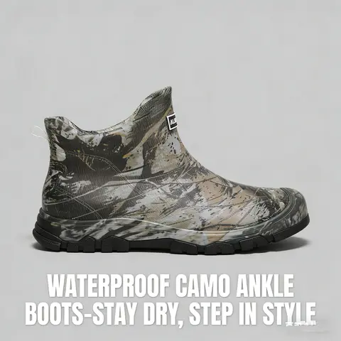Men's Camouflage Waterproof Short Ankle Rain Boots - Durable, Slip-Resistant, Reinforced Rubber Sole, Pull-Tab Design, Orthotic Closed-Toe for Outdoor Work, Fishing