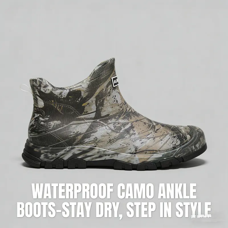 Men's Camouflage Waterproof Short Ankle Rain Boots - Durable, Slip-Resistant, Reinforced Rubber Sole, Pull-Tab Design, Orthotic Closed-Toe for Outdoor Work, Fishing
