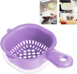Small Fruit Colander,Fruit Rinser Strainer Container Dual-Layer Vegetable  And Draining Basket,Watermelon Bowl With Strainer For Mini Berry And Tomato Grape Washer (Purple)