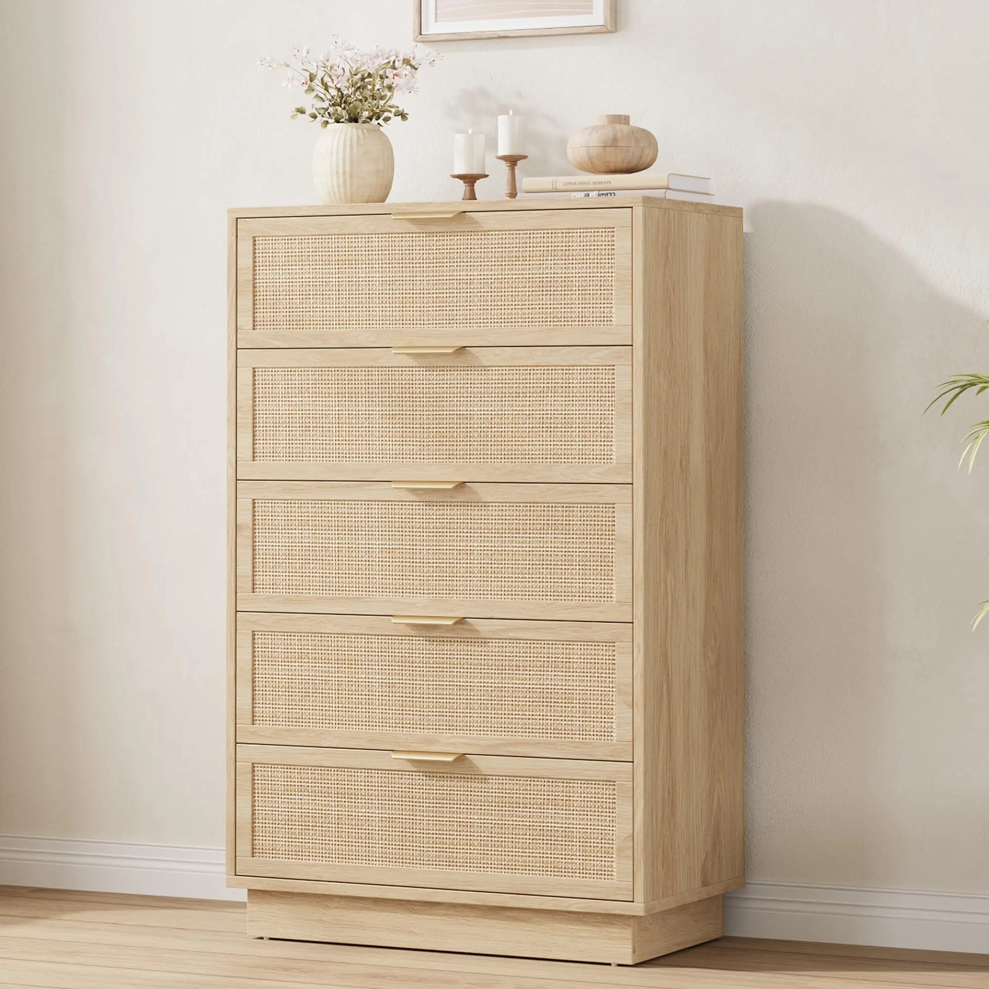 Garvee MDF+PB Vertical Narrow Edge 5-Drawer Chest with Durable Construction, Space-Saving Design, Elegant Rattan Weave, Sturdy Storage, and Modern Style