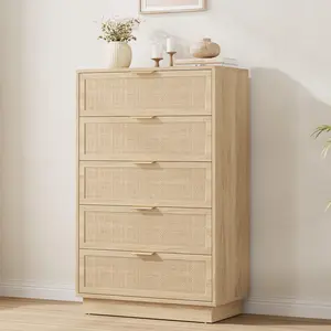 Garvee MDF+PB Vertical Narrow Edge 5-Drawer Chest with Durable Construction, Space-Saving Design, Elegant Rattan Weave, Sturdy Storage, and Modern Style