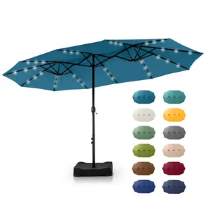[15ft Extra Large] PHI VILLA Double-Sided Patio Umbrella with Crank & LED Lights - Large Steel Frame, UV Protection, Metal Base Included, Modern Decorative Lighting