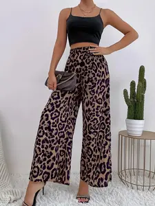 Women's Leopard Print Elastic Waist Wide Leg Pants, Casual High Waist Trousers, Ladies Bottoms for Daily Wear, Casual Chic Trousers
