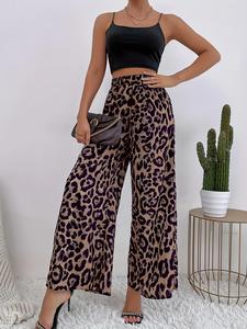 women's leopard print elastic waist wide leg pants, casual high waist trousers, ladies bottoms for daily wear