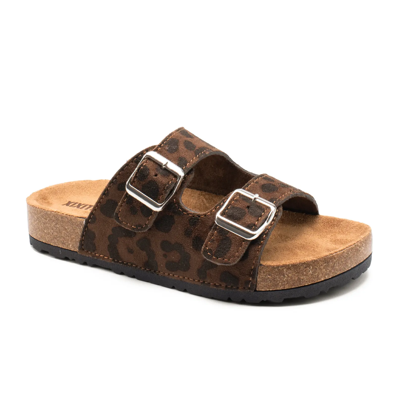 XUNBAI Adjustable Double Buckle Strap Leopard Print Flat Sandals Women, Soft Cork Footbed Open Toe Slip On Slides, Summer Outdoor Beach Daily Walking Casual Shoes