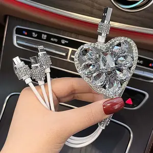 Cute Bling Rhinestone Crystal Heart 3-in-1 Charger Cable Pink Clear Aesthetic Phone Accessory Viral TikTok Gift for Girls Women