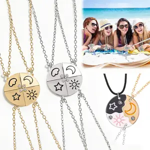 3/4 PCS  Round Friendship Necklace Chains -  Simple Sun, Moon, Cloud and Star Puzzle Pendant- BFF Best Friends Forever - Silver Pendant and Chain for Girls Women BFF Gifts