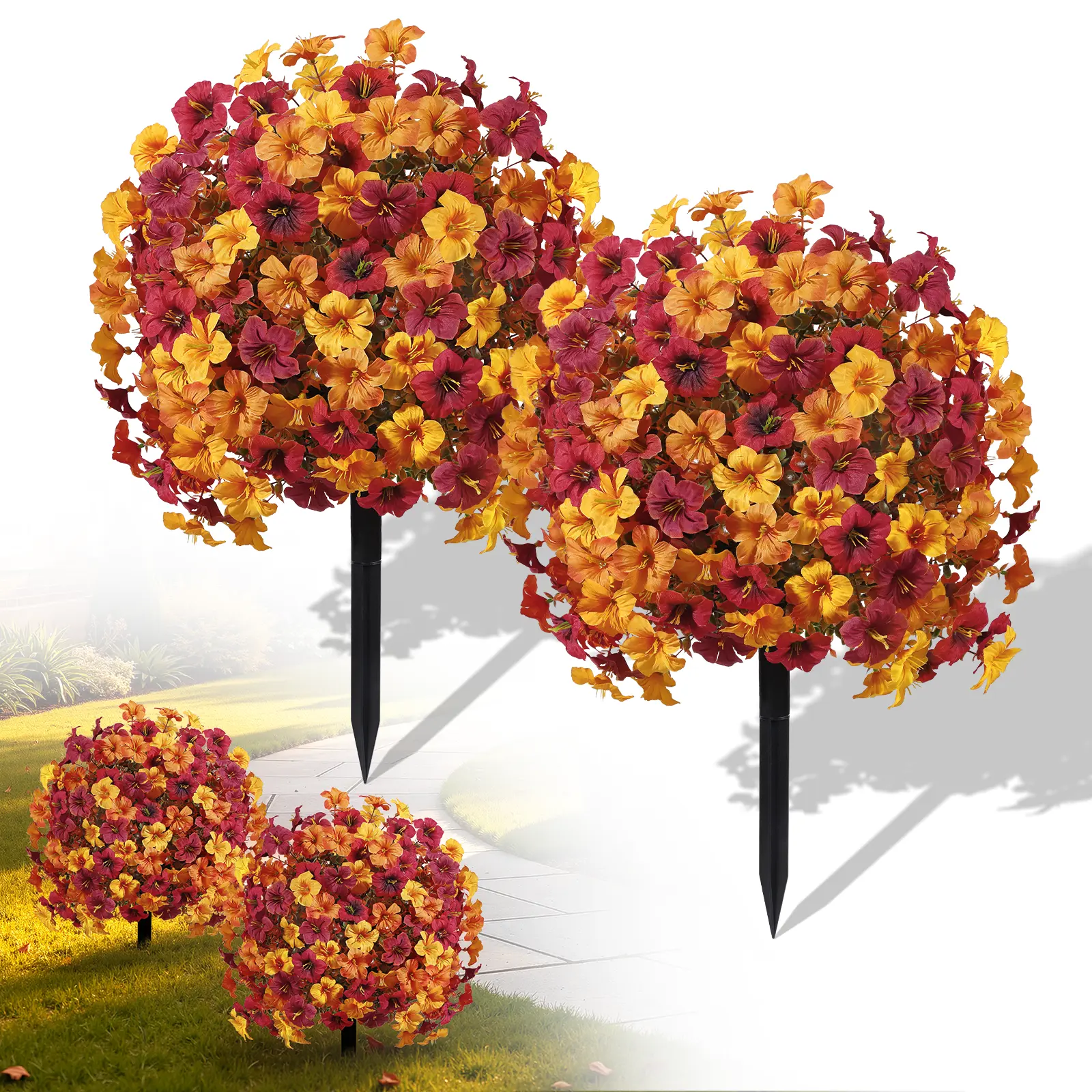 Artificial Fall Topiary Ball with Ground Spike, Autumn Colors, UV-Resistant Faux Plant for Outdoor Planters, Yards, Porches, Patios & Gardens.