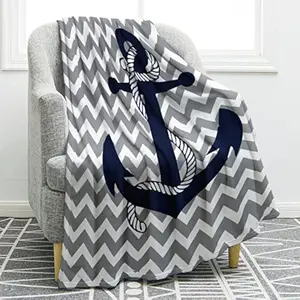 Eyesoul Nautical Anchor Blanket Navy Tie Pattern with Gray and White Chevron Ripple Waves Print Gifts for Kids Boys Men Home Bedroom Living Room Decor Soft Cozy Lightweight Throw Blankets