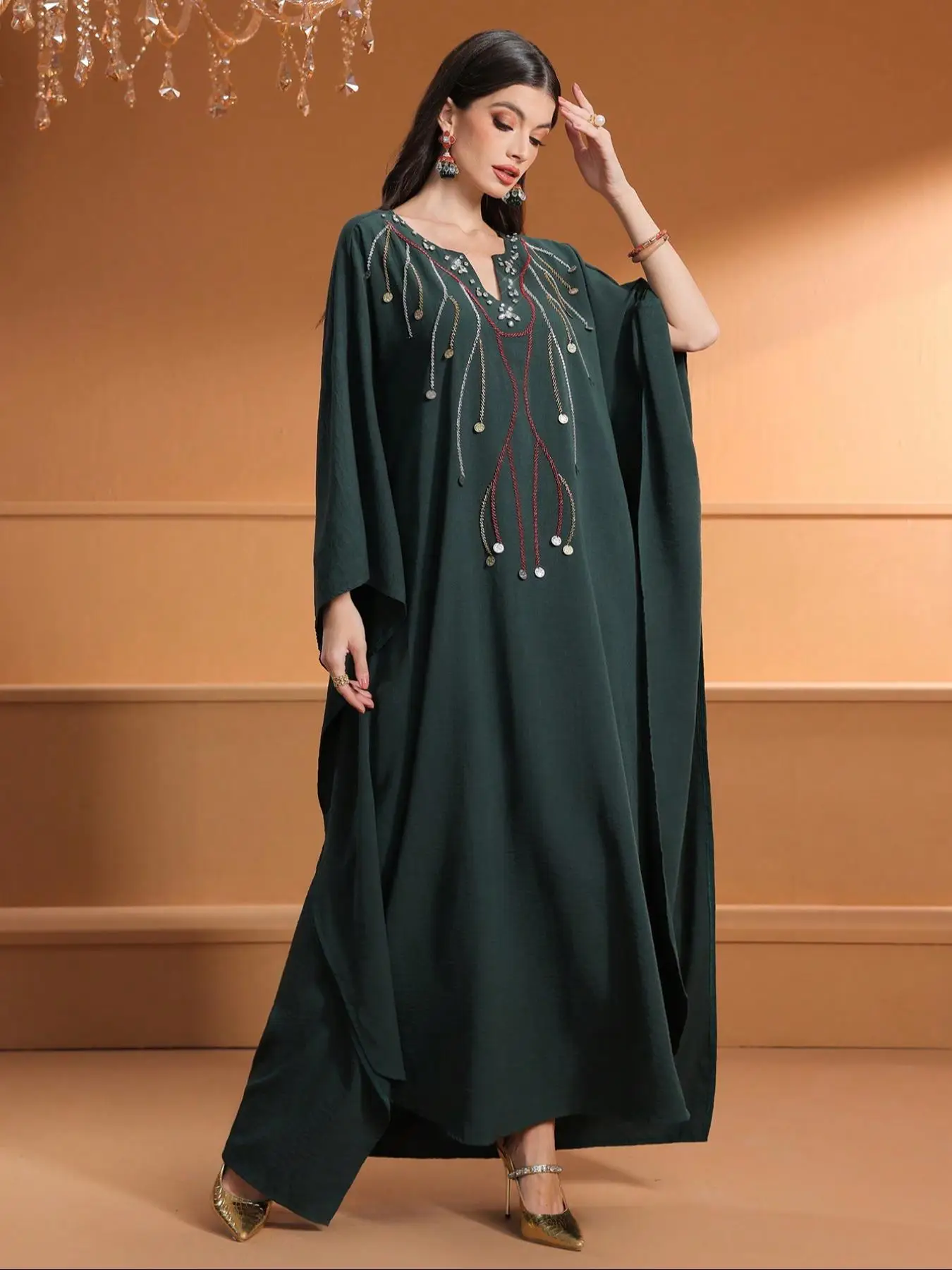 Women's Rhinestone Decor Dress, Modest Fashion Long Sleeve Dress for Daily Outdoor Wear, Women's Islamic Clothing for Spring & Fall
