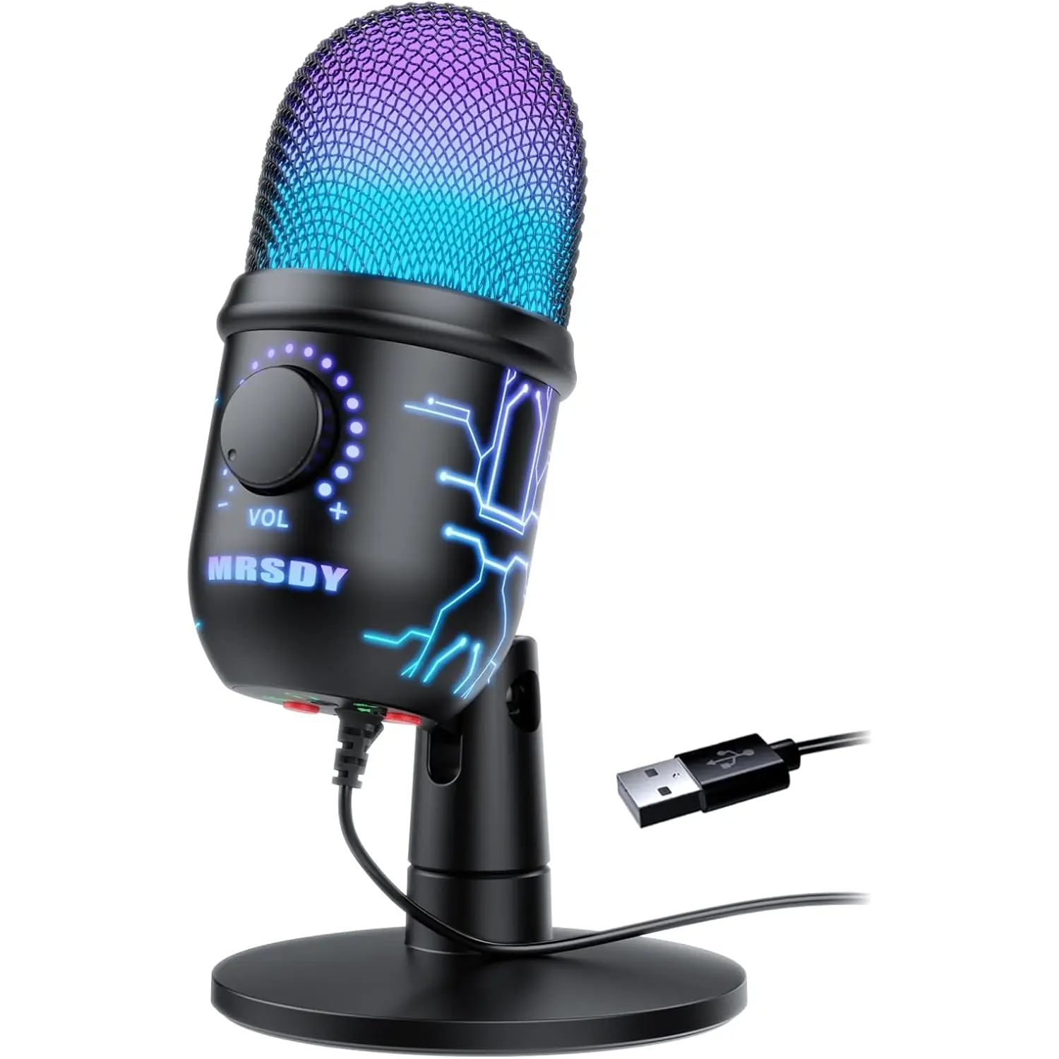 MRSDY Gaming Microphone, USB Computer Microphone for PC, Mac, PS4/5, Condenser Podcast Mic for Studio Recording, Youtube, Streaming, with Headphone Jack, Led Light, Mute, Gain, Noise Cancellation