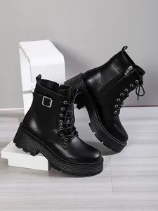 Women's Mid-Calf Wedge Platform Boots, PU Leather, Round Toe, Side Zipper, Casual Style, Comfortable Boots for All Seasons