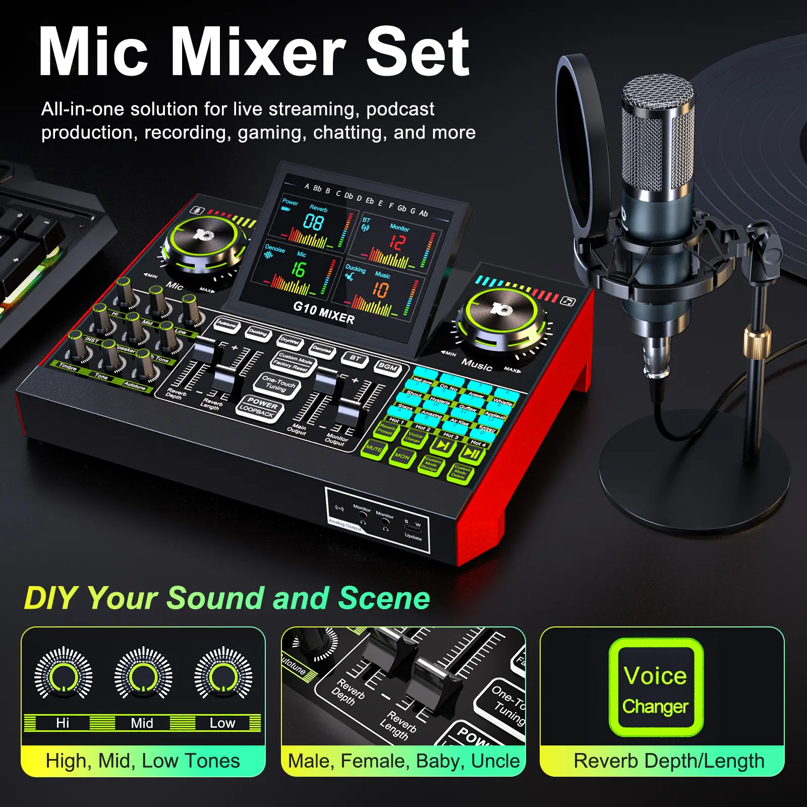 Tenlamp G10 P15 Microphone Audio Mixer Kit Media Singing Gaming DJ