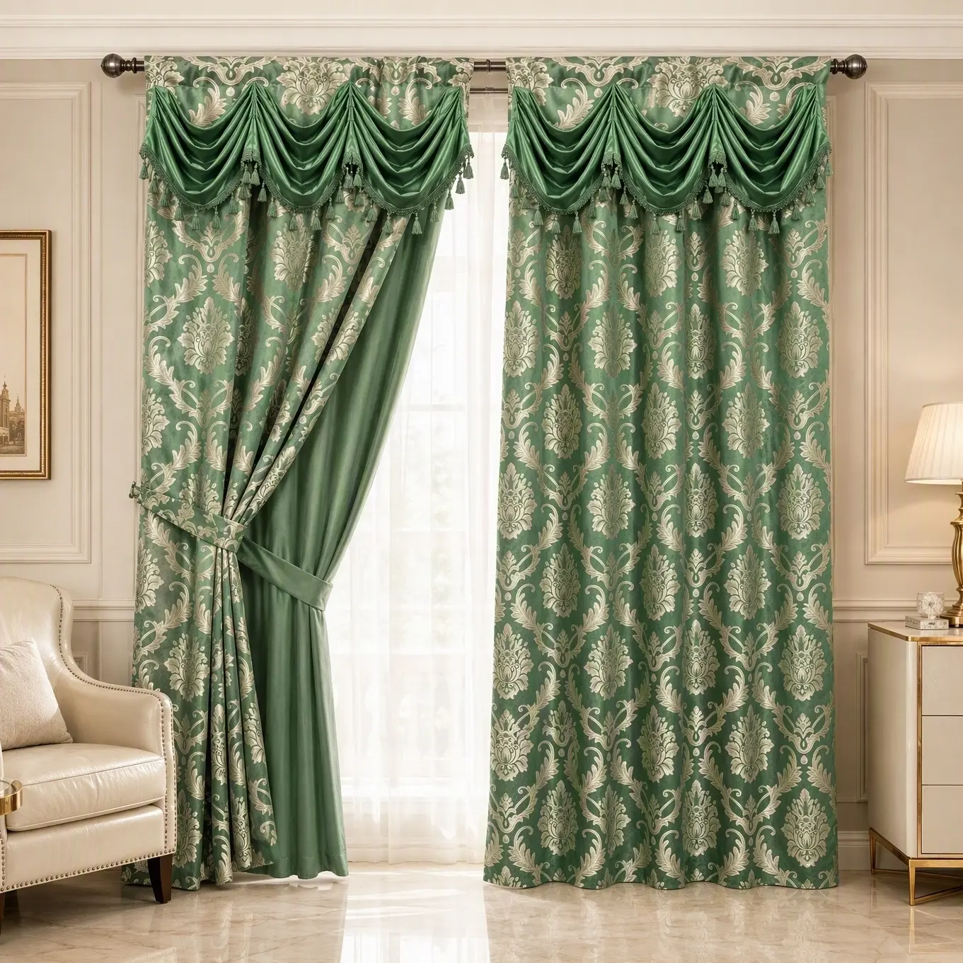 Lumina 2-Panel Baroque Damask Jacquard Blackout Curtains w/ Swag Valance & Fringe Trim, Rod Pocket Satin Lined Elegant for Formal Living Room, JV1