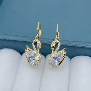 Elegant Swan Dangle Earrings with Sparkling Rhinestones - Chic Zinc Alloy & Copper, Perfect for Everyday Glamour