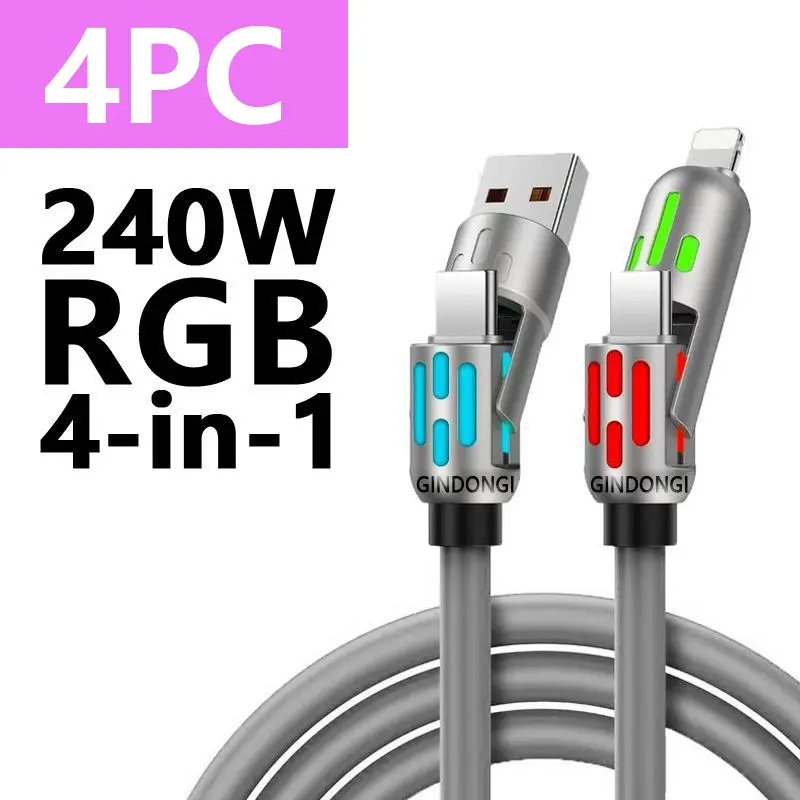 65W PD 4-in-1 Rotatable Fast Charging Cable, USB-A/Type-C/Lightning Multi-Function Charger Cord for iPhone, Android (Party Bag Gift, Home Supplies)
