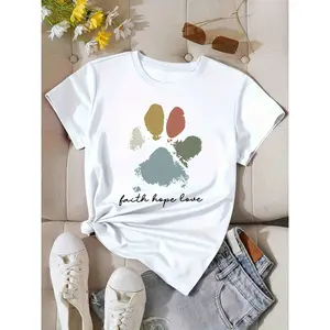 Women' & Cute Paw Print T-Shirt - Short Sleeve Round Neck Summer Top with Dog & Paw, Medium-Stretch Fabric Suitable for - Casual Wear, Machine Washable Pet-Themed Blouse
