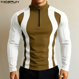 INCERUN Men's Casual Color-Blocked High-Neck Long-Sleeve T-Shirt, Ideal for Fall Outfit