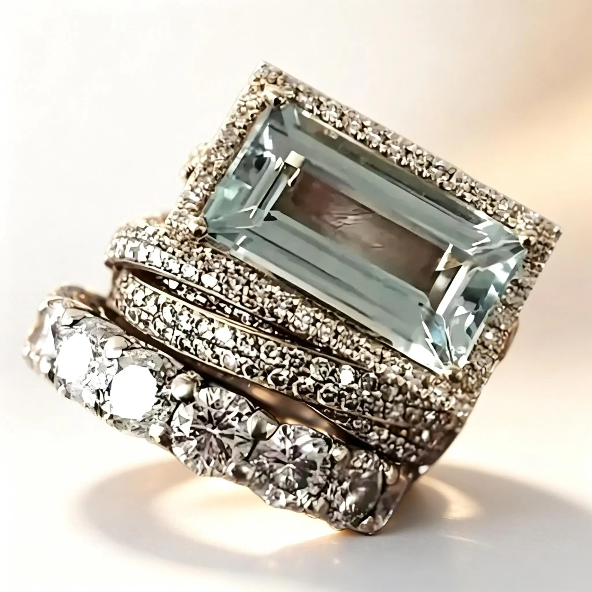 3 Piece Stackable Ring Set for Women, Emerald Cut Cubic Zirconia Pave Band, Vintage Luxury Cocktail Promise Ring