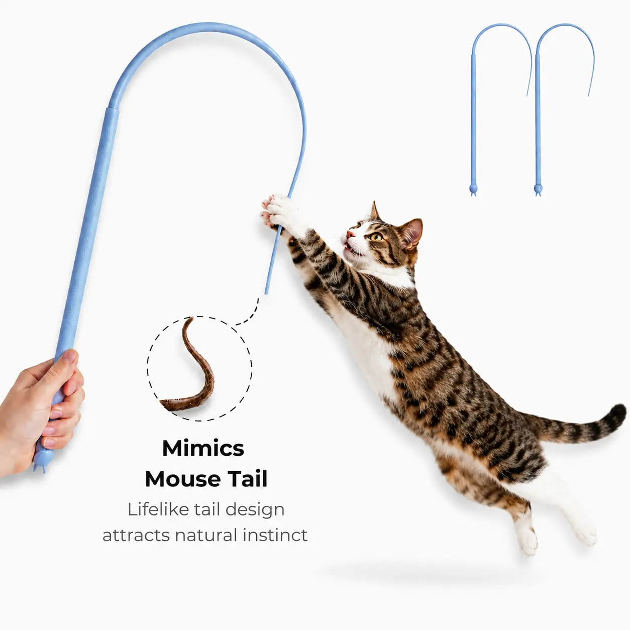 Mice Tail Cat Wand Toy, 30 inches Long Cat Teaser Stick with Innovative Silicone Rat Tail Easy to Install and Clean Soft Easy Swing Tail Interactive Cat Toys for Indoor Cats (Blue)