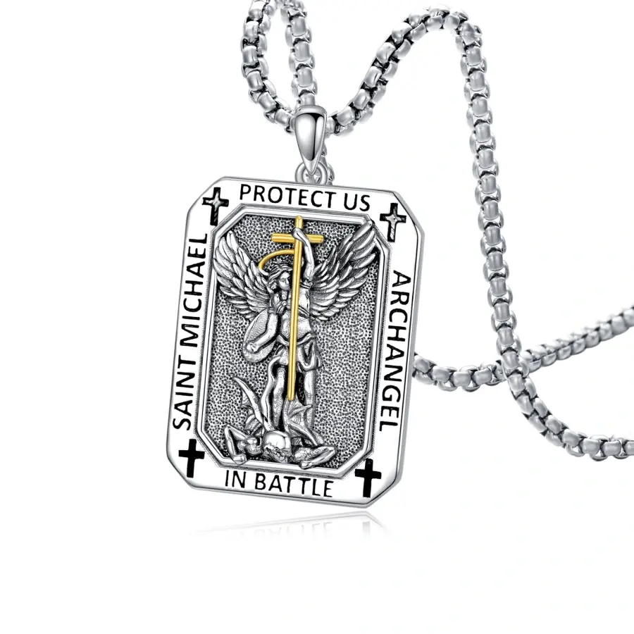 YFN S925 Men's Sterling Silver 2-Tone Saint Michael Pendant Necklace, Durable Daily Casual All-Seasons Auspicious Jewelry Accessory