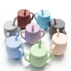 Children Silicone Straw Cup, Leak-Proof Anti-Drop Baby Feeding Cup, Toddler Training Bottle with Lid, Penguin Water Cup, Handle Bottle