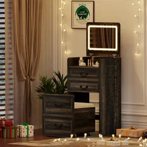 Miuvanity Makeup Dressing Desk with Flip-up LED Mirror Glass Top 6-Compartment Storage & Soft PU Stool Adjustable Lighting Modes Brightness