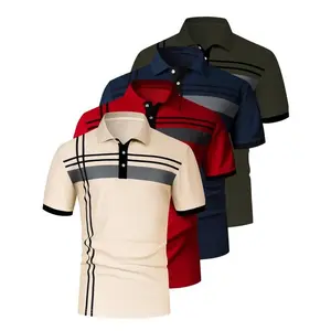 Men’s striped print short-sleeve polo shirt, regular fit casual collared top with buttons for summer, men’s clothing for daily wear