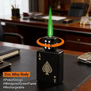 (Butane Gas Not Contained) Stylish Windproof Playing Card Lighter with Rotatable dice,Refillable Green Flame Lighter,Outdoor Windproof Lighter,Creative Novelty Lighter,Ideal gift for boyfriend,husband,friend
