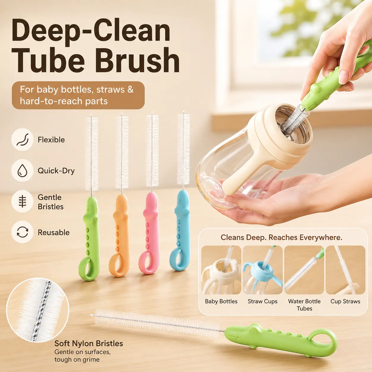 Straw Cleaning Brush - 1 Brush, 210.5 mm Long, ABS + Stainless Steel + Nylon, Flexible Reusable Tube Tool for Water Bottles, Narrow Openings, Ideal for Baby Bottle Owners, Ergonomic Non-Slip Handle