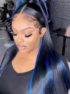 26 Inch Black and Blue Lace Front Wig Blue Highlight Straight Free Parting Natural Look Daily Wear Glueless Lace Wigs Synthetic Heat Resistant Glueless Frontal Wig Glueless Beginner Wig