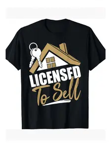 1pc Realtor Licensed to Sell T-Shirt - Real Estate Agent Gift with House & Keys Graphic - Black with White & Golden Accents - Soft Breathable Cotton Crew Neck Tee - All-Season Professional Realtor Apparel - Machine Washable Regular Fit Unisex Shirt for Ag