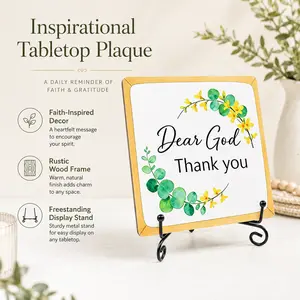 Dear God Thank You Tabletop Plaque, Rustic Wooden Christian Sign with Metal Easel Stand, Faith Gratitude Desk Decor for Home Office, Shelf, Mantel, Bedroom & Inspirational Gift