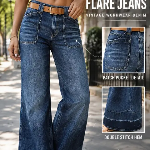 Women's Mid-Waist Wide-Leg Denim Bottoms - Fitted, Raw-Edged Legs, Pockets, Basic Lady's Casual All-Season Everyday Piece Trousers