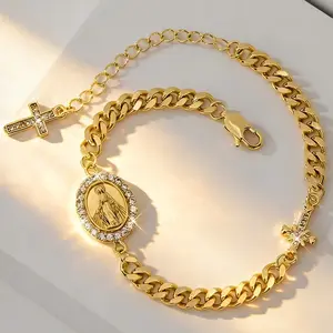 Iced Out Virgin Mary Bracelet - Gold Cuban Chain with Cross Charms for Faith Wear