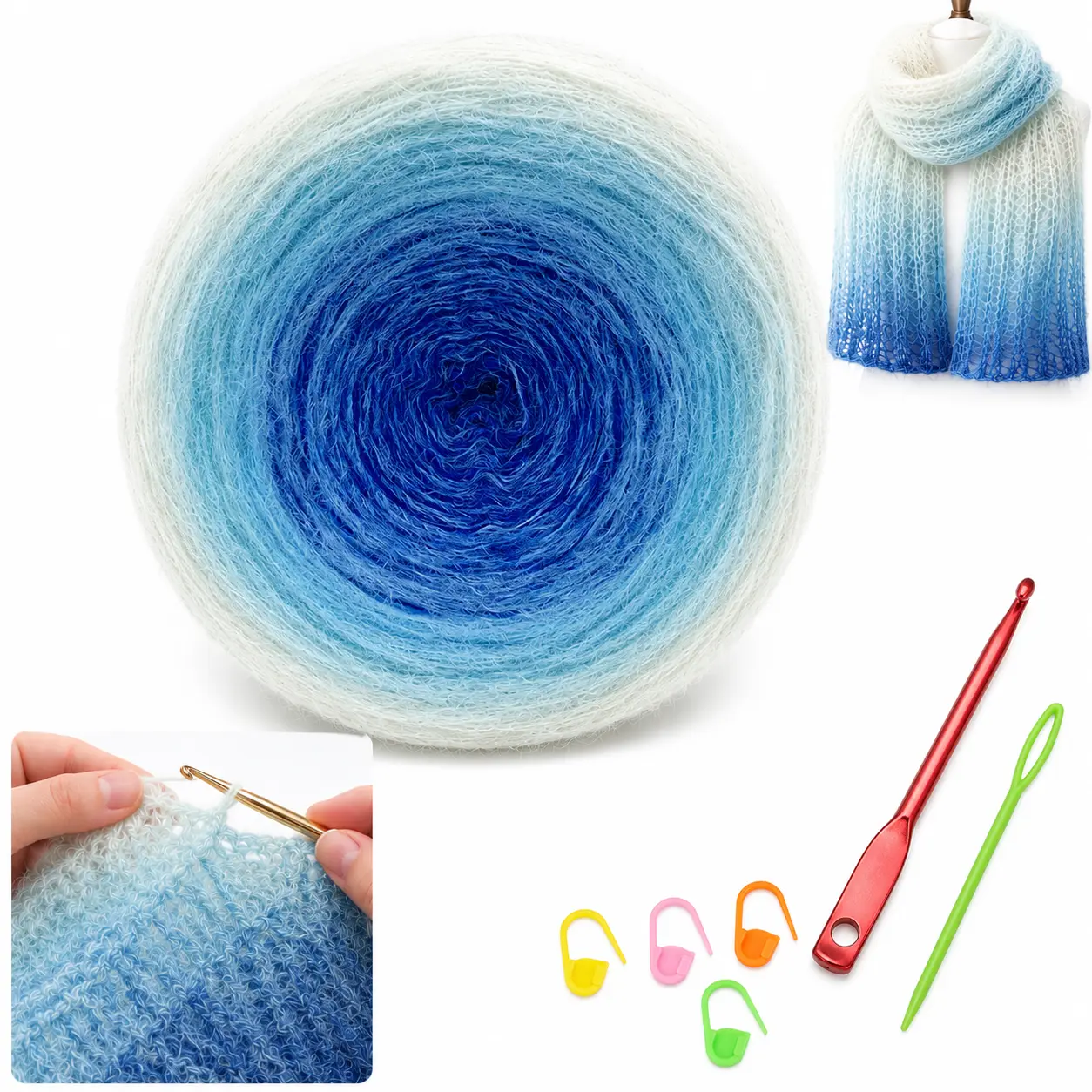 Fairy Land Long Gradient Ombre Yarn, 1 Pack 300g/10.58 oz Medium Soft Acrylic Nylon Yarn Skein with Hook & Stitch Markers, Large Skein Fluffy Yarn for Crocheting Knitting, Star Blanket, Shawl, Scarf, Sweater, Hat
