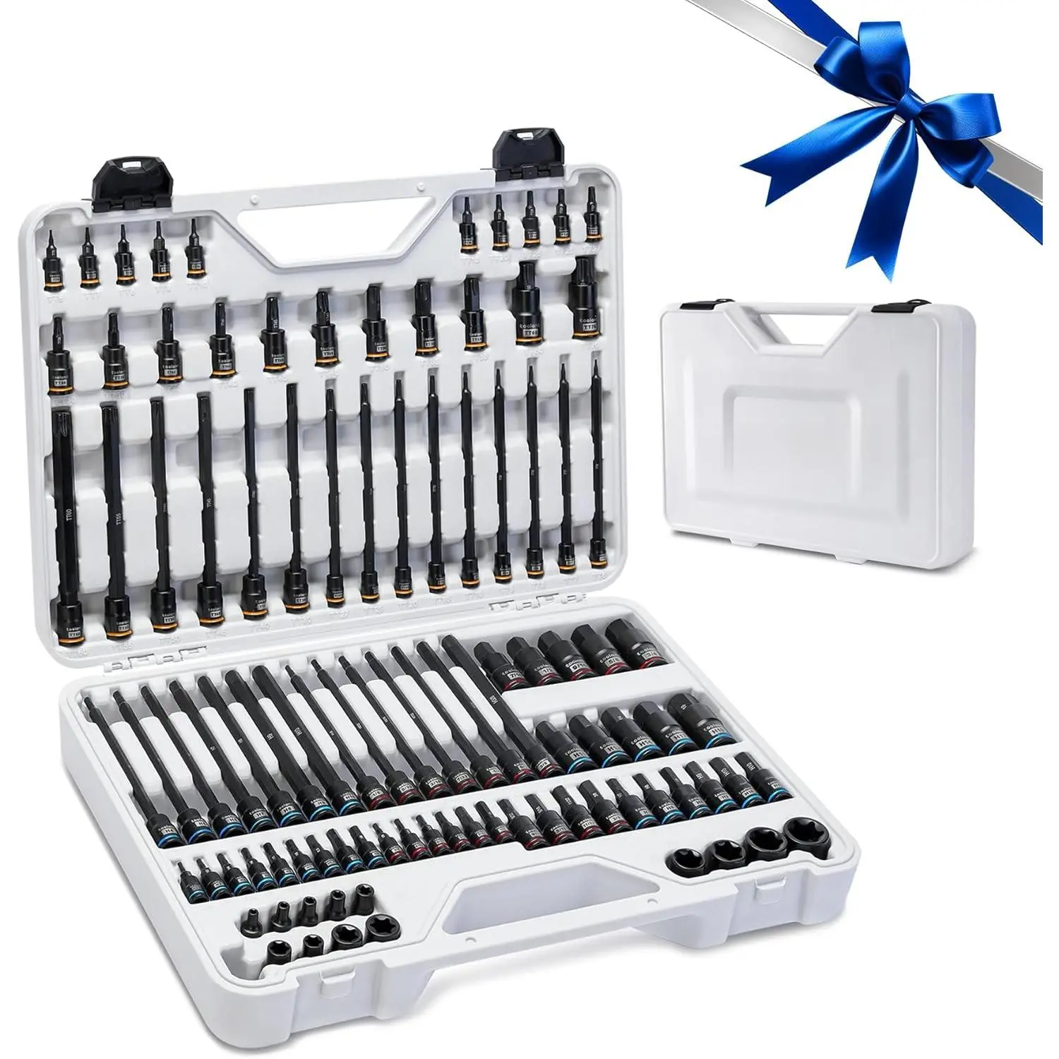 98 PCS Master Allen-Torx Bit Socket Set, Hex (4,5,6,8,10mm)/Torx/E-Torx Bits, 1/4"-3/8"-1/2" Drive, S2 Alloy Steel, 2 PCS Critical Size, Color Coding Marking, Complete Coverage, For Automotive Mechanics, All Day After-Sale Service