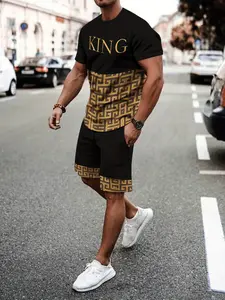 Men's Summer Casual Sports Set, sporty style outfits, Breathable Outdoor Leisure T-Shirt & Five-Pocket Pants, All-Over Print, Fitted Style, Adult Men