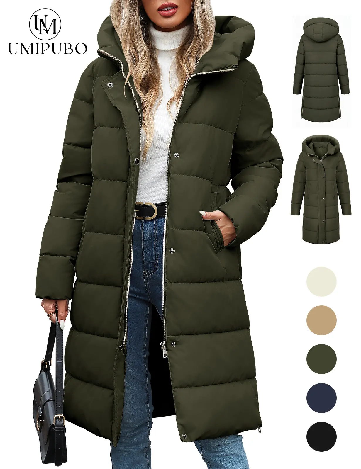 UMIPUBO Women's Cozy Winter Long Puffer Coats - Thick Quilted Long Sleeve Hooded Parka, Casual Zip-Up Jacket with Side Zipper, 2025 Trendy Womenswear Top