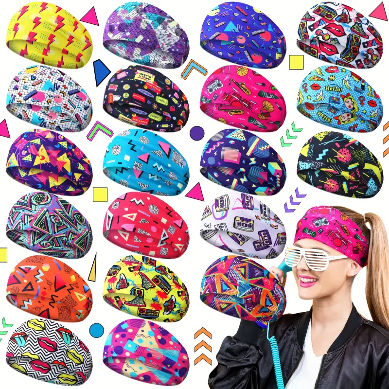 Unisex 20-Pieces Neon Headbands, 80s Retro Elastic Fit Synthetics Sweatbands with Geometric Patterns, Non-Slip for Sports & Outdoor Workouts, Biking, Retro Sports & Outdoor Hats, Adults, Running Headband